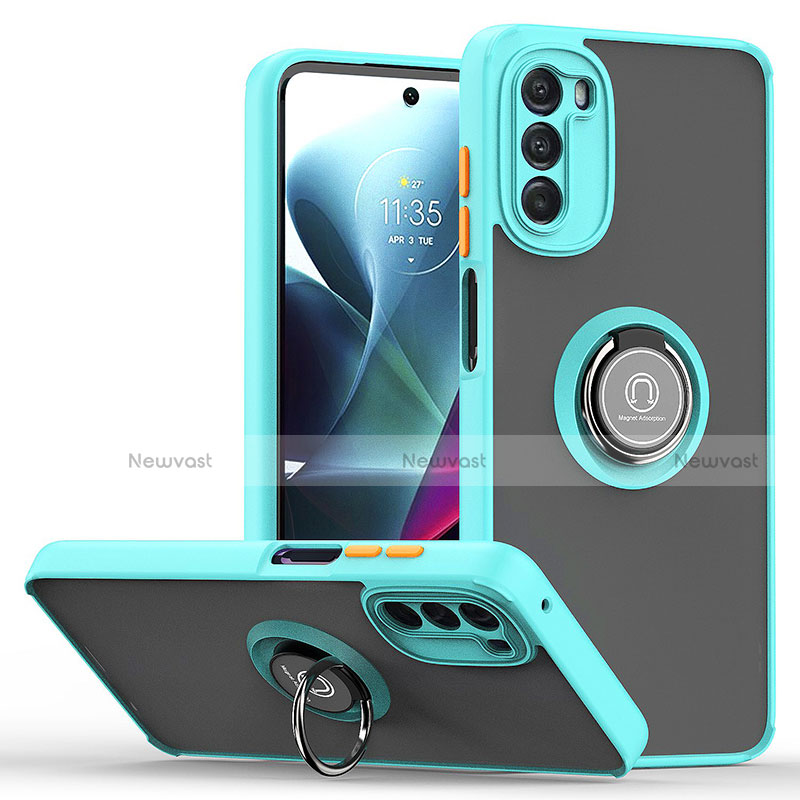 Silicone Matte Finish and Plastic Back Cover Case with Magnetic Finger Ring Stand S04 for Motorola Moto G 5G (2022) Cyan