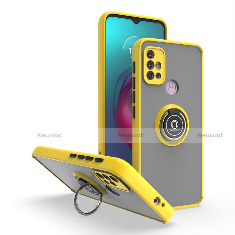 Silicone Matte Finish and Plastic Back Cover Case with Magnetic Finger Ring Stand S04 for Motorola Moto G20 Yellow