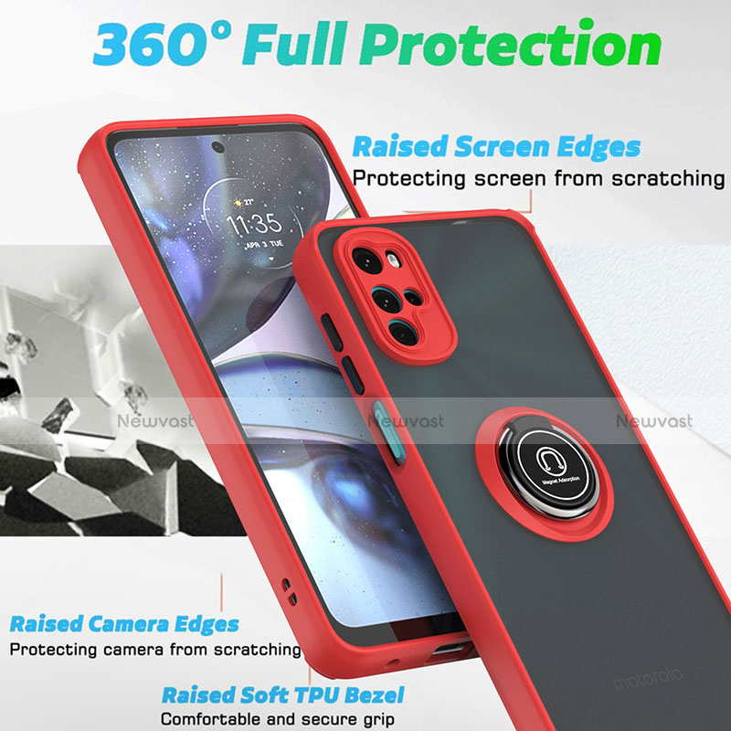 Silicone Matte Finish and Plastic Back Cover Case with Magnetic Finger Ring Stand S04 for Motorola Moto G22