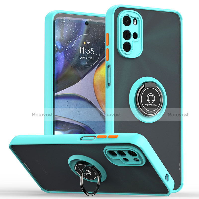 Silicone Matte Finish and Plastic Back Cover Case with Magnetic Finger Ring Stand S04 for Motorola Moto G22 Cyan