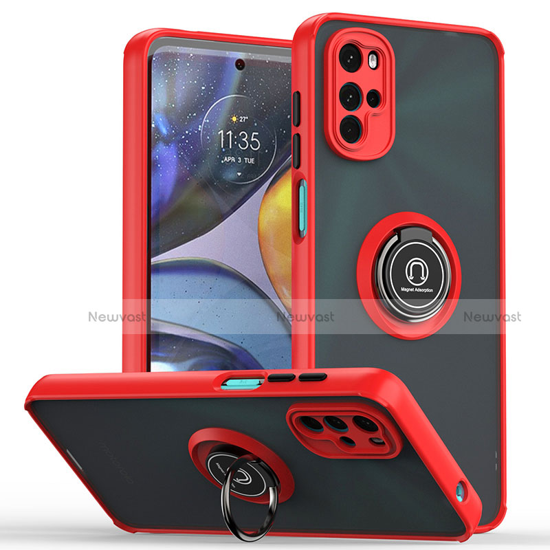 Silicone Matte Finish and Plastic Back Cover Case with Magnetic Finger Ring Stand S04 for Motorola Moto G22 Red