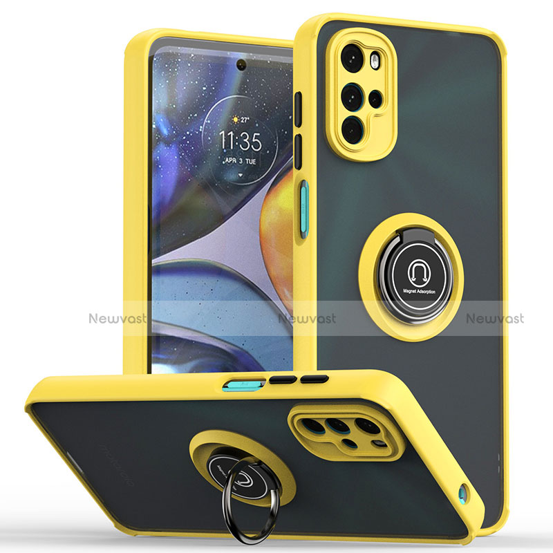 Silicone Matte Finish and Plastic Back Cover Case with Magnetic Finger Ring Stand S04 for Motorola Moto G22 Yellow