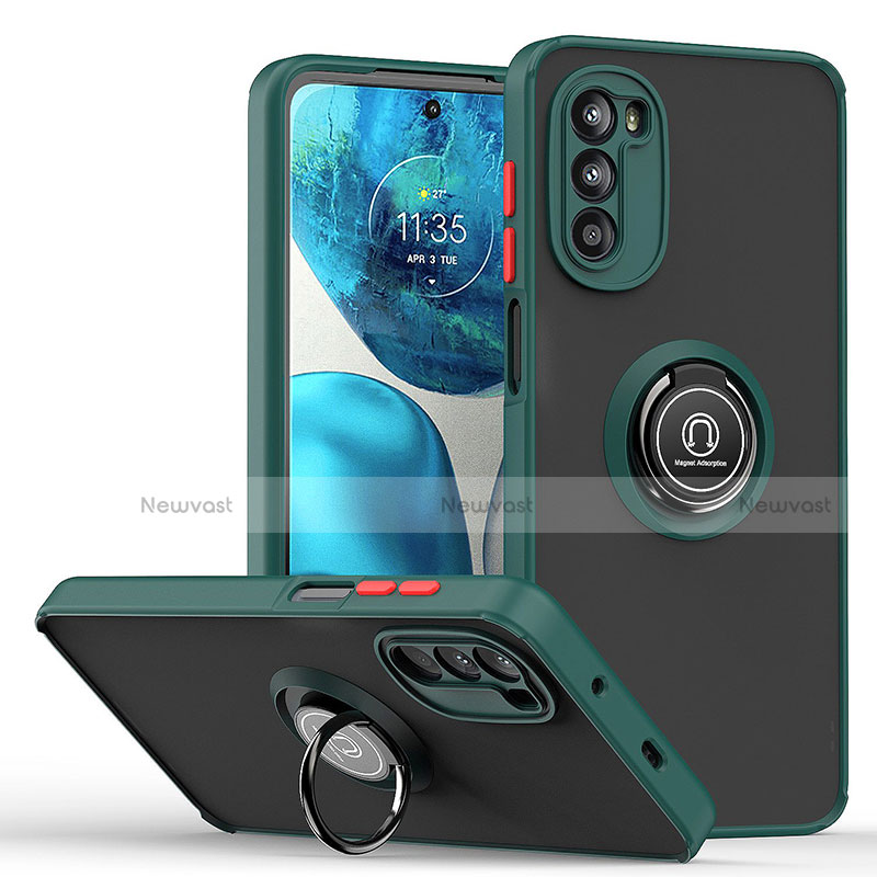 Silicone Matte Finish and Plastic Back Cover Case with Magnetic Finger Ring Stand S04 for Motorola MOTO G52