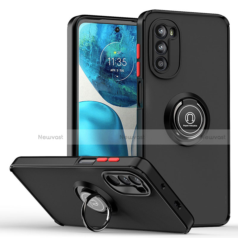 Silicone Matte Finish and Plastic Back Cover Case with Magnetic Finger Ring Stand S04 for Motorola MOTO G52 Red and Black