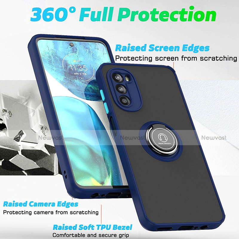 Silicone Matte Finish and Plastic Back Cover Case with Magnetic Finger Ring Stand S04 for Motorola Moto G82 5G