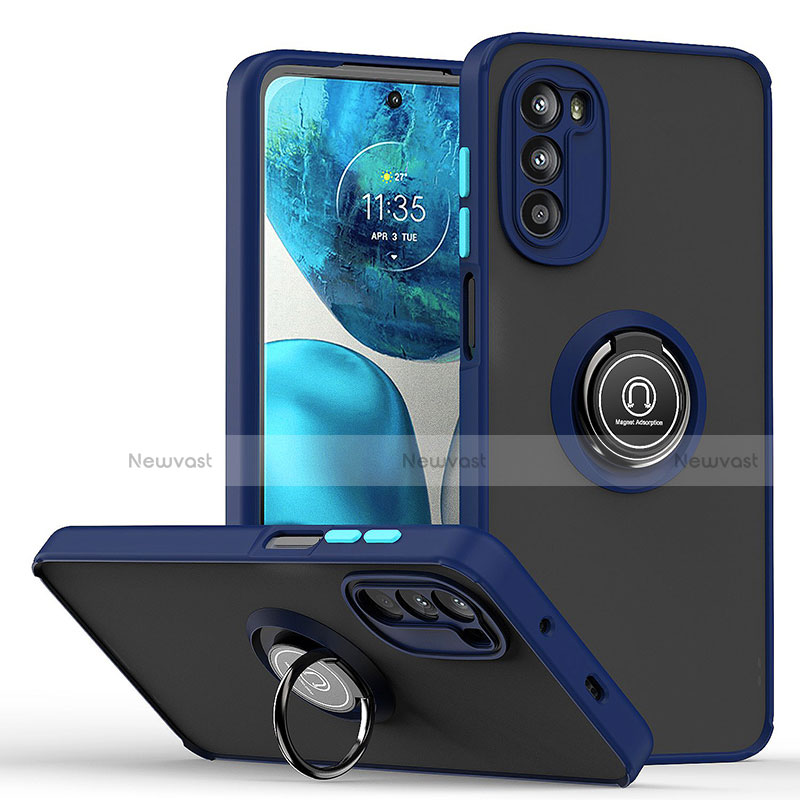 Silicone Matte Finish and Plastic Back Cover Case with Magnetic Finger Ring Stand S04 for Motorola Moto G82 5G Blue