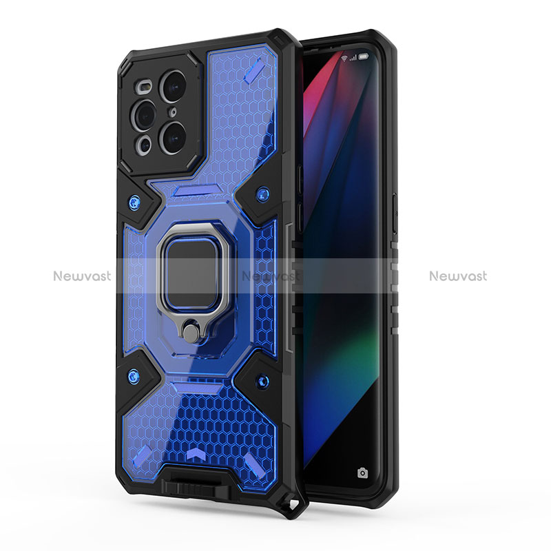 Silicone Matte Finish and Plastic Back Cover Case with Magnetic Finger Ring Stand S04 for Oppo Find X3 5G