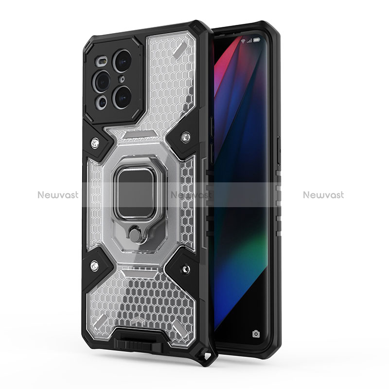 Silicone Matte Finish and Plastic Back Cover Case with Magnetic Finger Ring Stand S04 for Oppo Find X3 5G