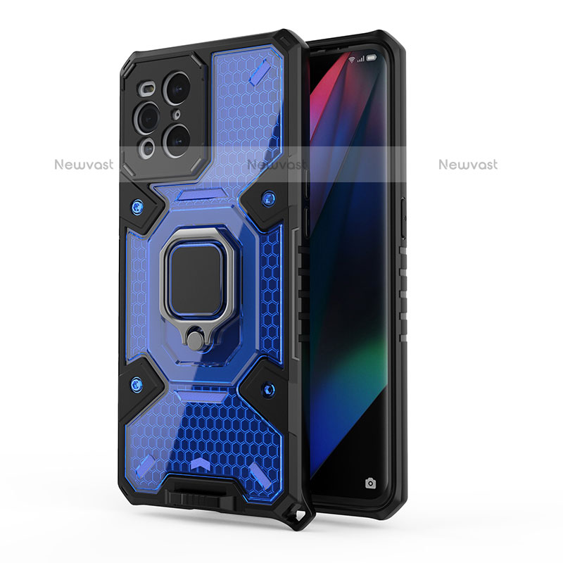 Silicone Matte Finish and Plastic Back Cover Case with Magnetic Finger Ring Stand S04 for Oppo Find X3 Pro 5G Blue
