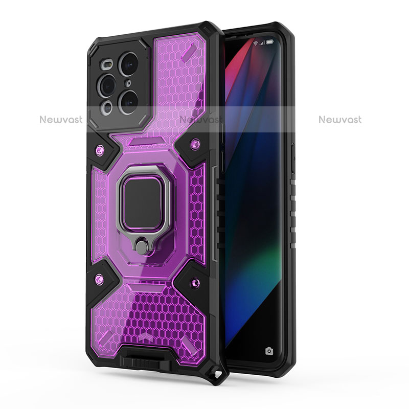 Silicone Matte Finish and Plastic Back Cover Case with Magnetic Finger Ring Stand S04 for Oppo Find X3 Pro 5G Purple