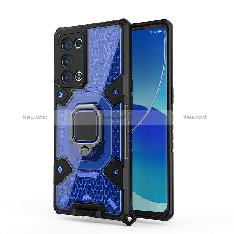 Silicone Matte Finish and Plastic Back Cover Case with Magnetic Finger Ring Stand S04 for Oppo Reno6 Pro 5G Blue