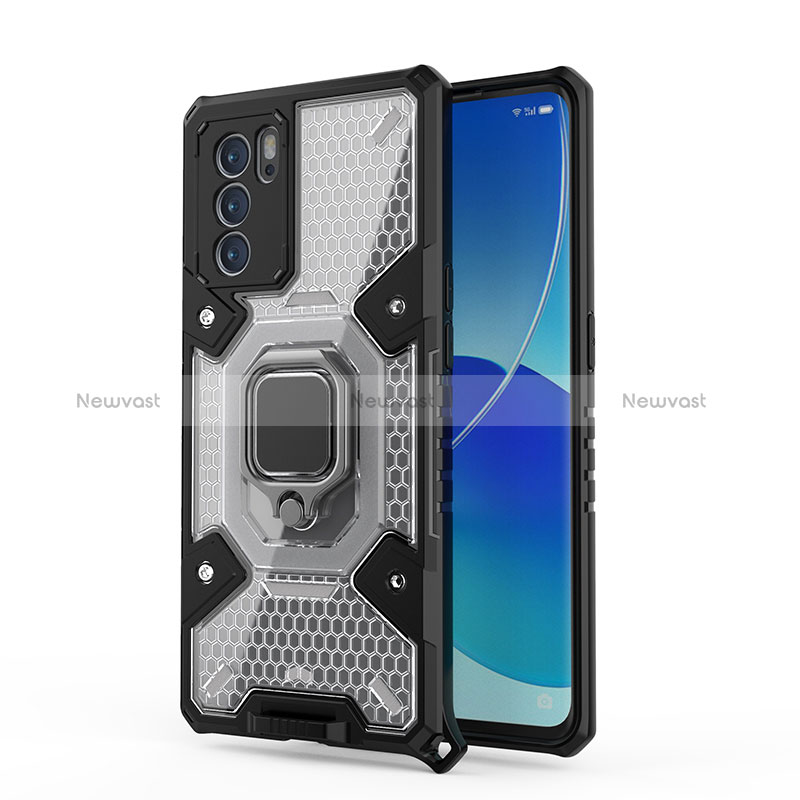 Silicone Matte Finish and Plastic Back Cover Case with Magnetic Finger Ring Stand S04 for Oppo Reno6 Pro 5G India Black