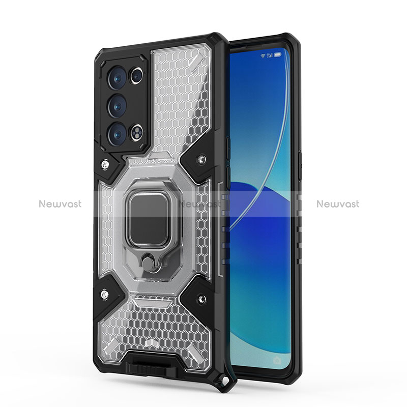 Silicone Matte Finish and Plastic Back Cover Case with Magnetic Finger Ring Stand S04 for Oppo Reno6 Pro+ Plus 5G