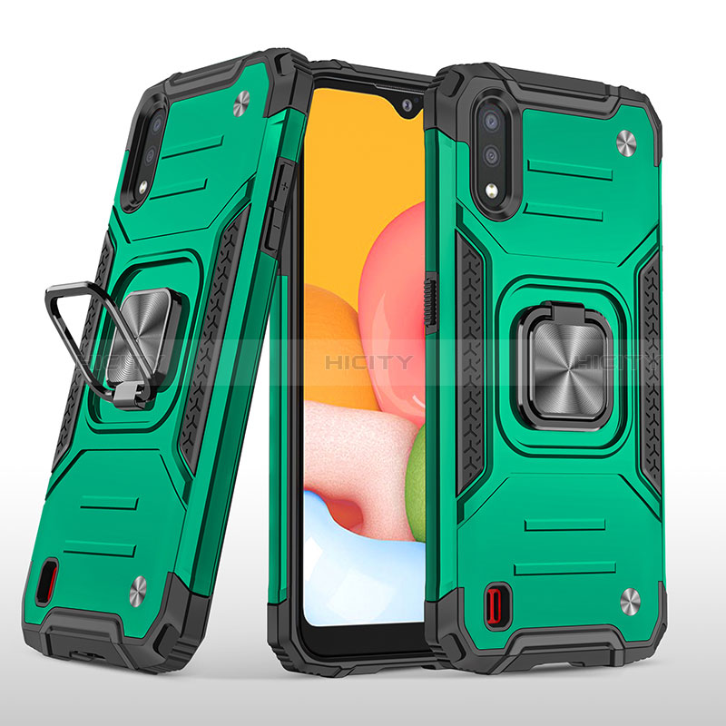 Silicone Matte Finish and Plastic Back Cover Case with Magnetic Finger Ring Stand S04 for Samsung Galaxy A01 SM-A015 Midnight Green