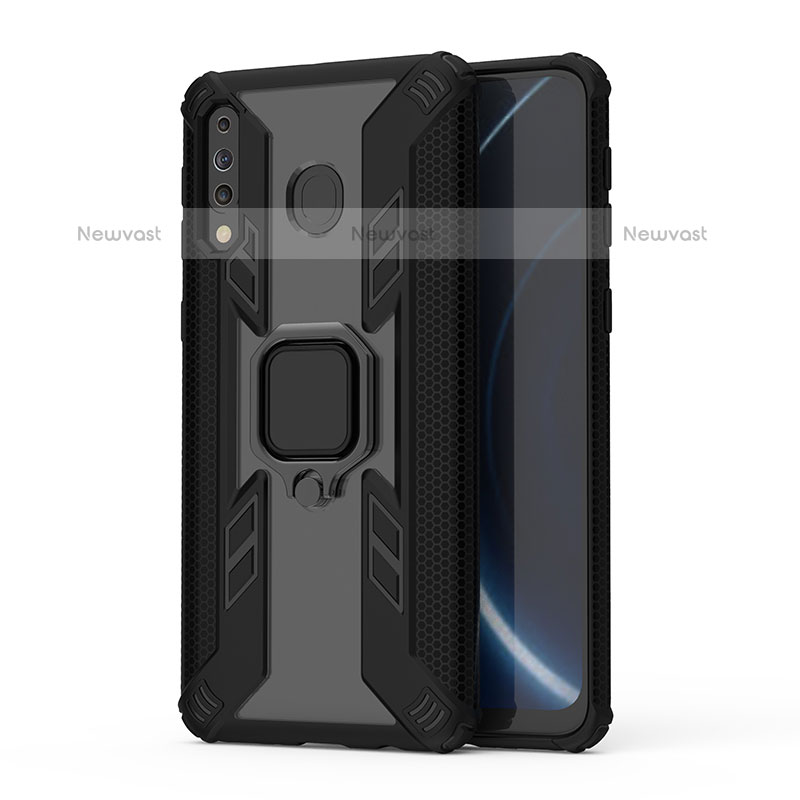 Silicone Matte Finish and Plastic Back Cover Case with Magnetic Finger Ring Stand S04 for Samsung Galaxy M30 Black