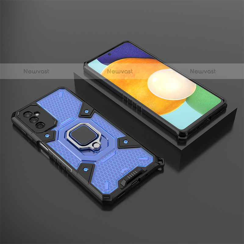 Silicone Matte Finish and Plastic Back Cover Case with Magnetic Finger Ring Stand S04 for Samsung Galaxy M52 5G Blue