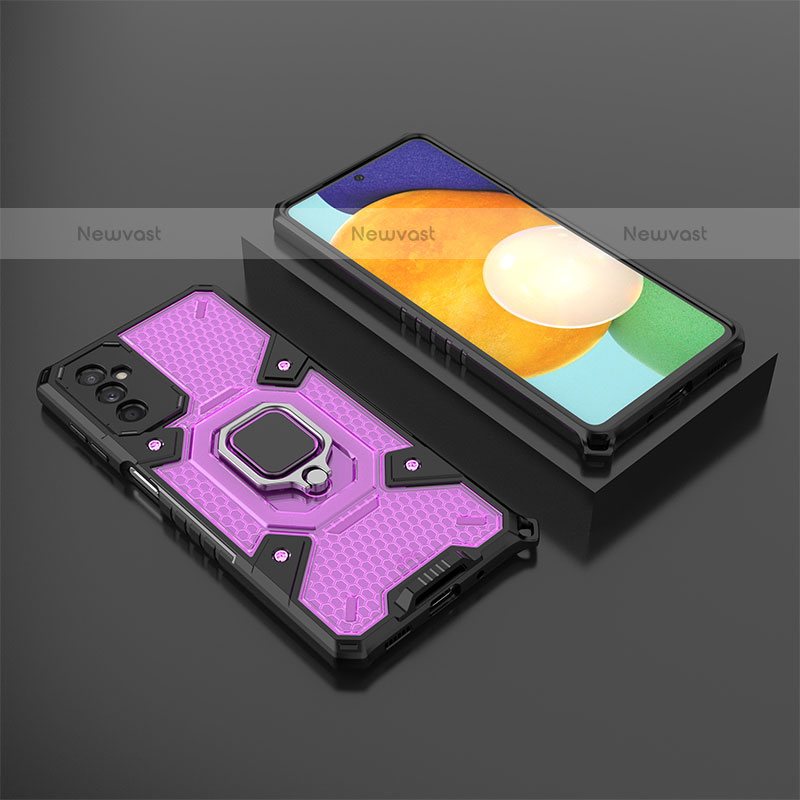 Silicone Matte Finish and Plastic Back Cover Case with Magnetic Finger Ring Stand S04 for Samsung Galaxy M52 5G Purple