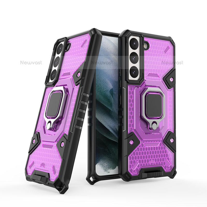 Silicone Matte Finish and Plastic Back Cover Case with Magnetic Finger Ring Stand S04 for Samsung Galaxy S21 FE 5G Purple