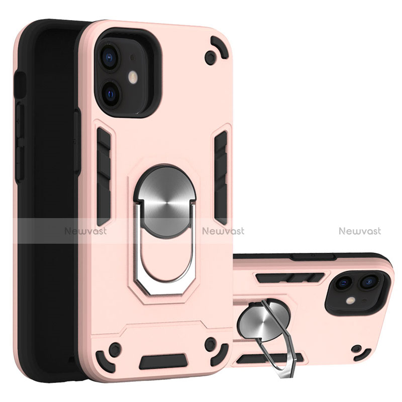 Silicone Matte Finish and Plastic Back Cover Case with Magnetic Finger Ring Stand S05 for Apple iPhone 12 Mini Rose Gold