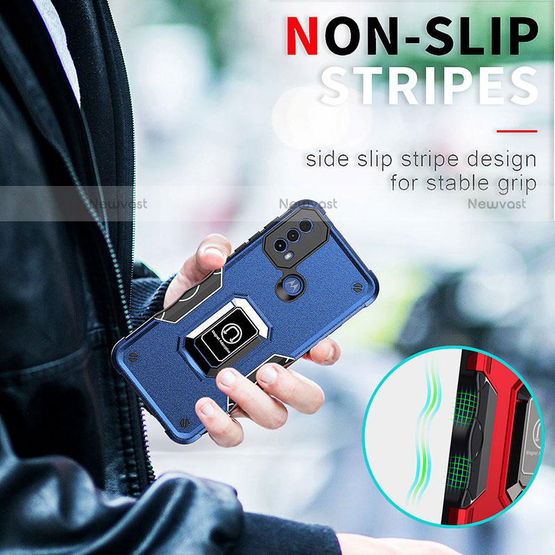 Silicone Matte Finish and Plastic Back Cover Case with Magnetic Finger Ring Stand S05 for Motorola Moto E20