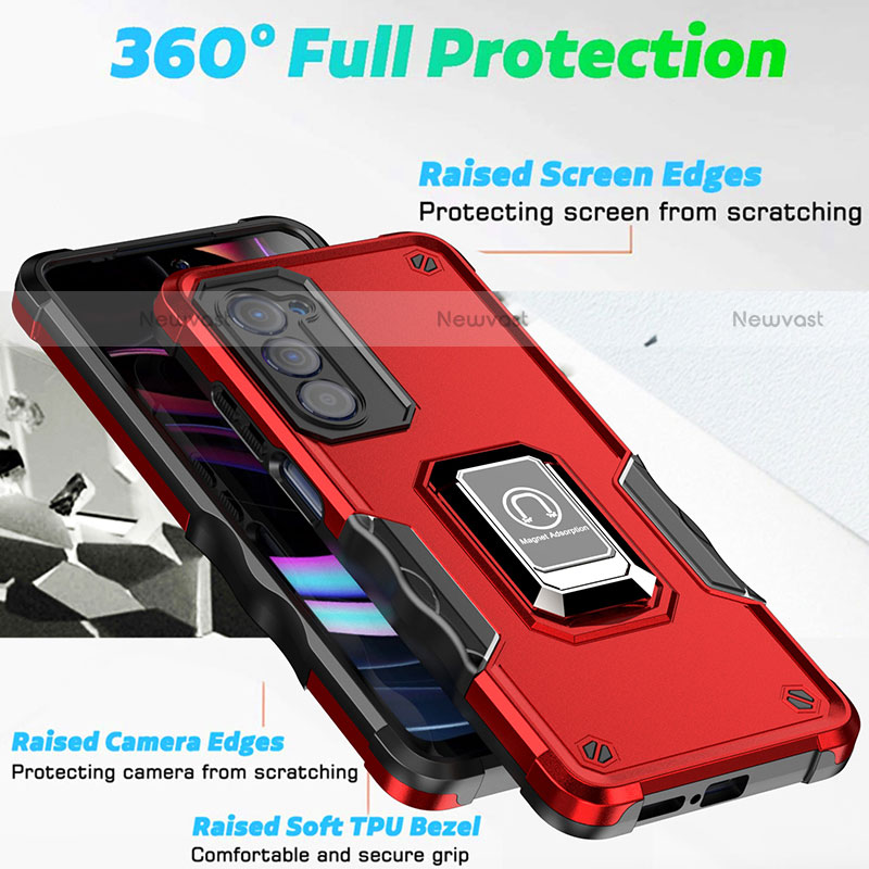 Silicone Matte Finish and Plastic Back Cover Case with Magnetic Finger Ring Stand S05 for Motorola Moto Edge (2021) 5G