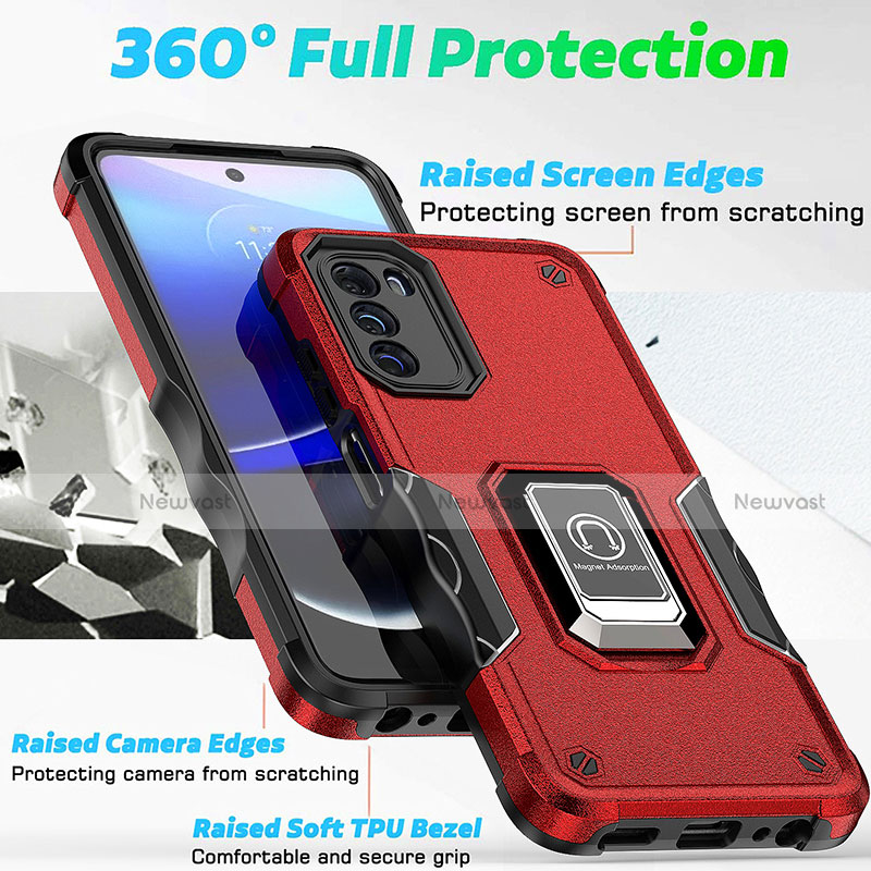 Silicone Matte Finish and Plastic Back Cover Case with Magnetic Finger Ring Stand S05 for Motorola Moto G 5G (2022)