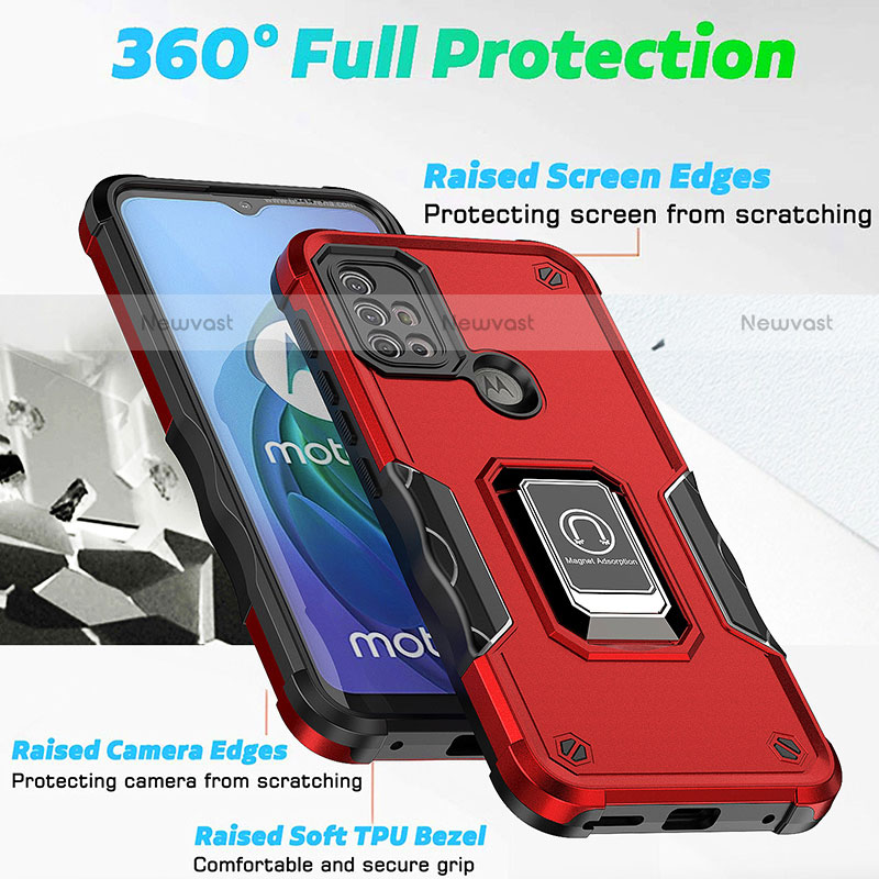 Silicone Matte Finish and Plastic Back Cover Case with Magnetic Finger Ring Stand S05 for Motorola Moto G10