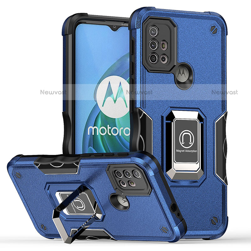 Silicone Matte Finish and Plastic Back Cover Case with Magnetic Finger Ring Stand S05 for Motorola Moto G10
