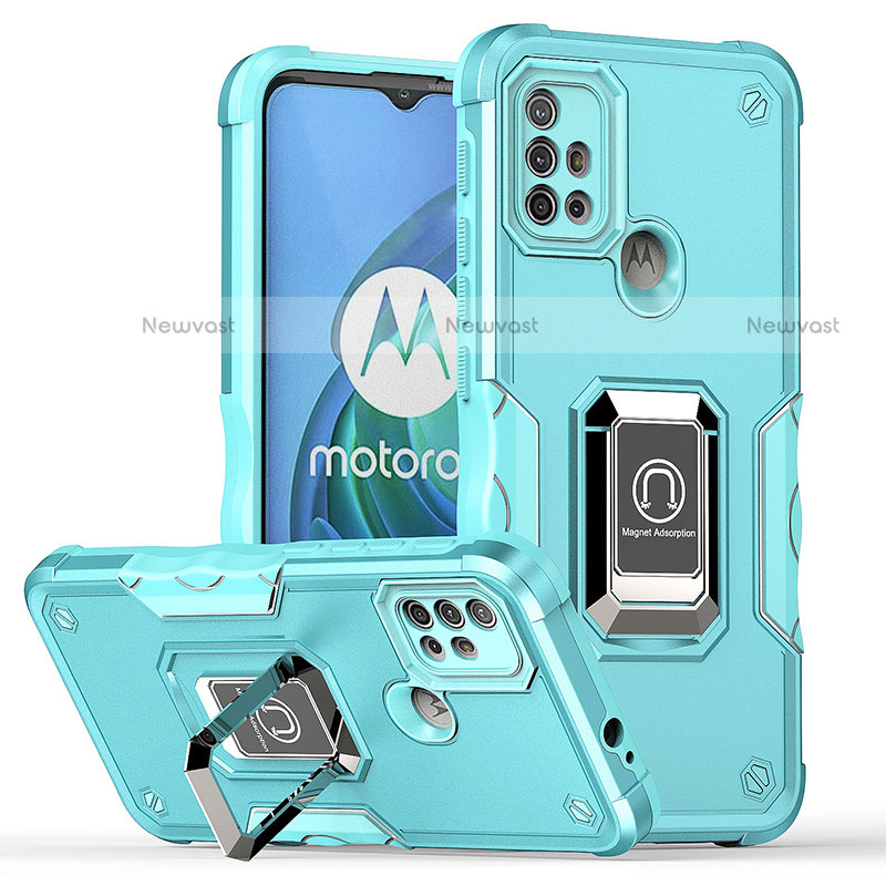 Silicone Matte Finish and Plastic Back Cover Case with Magnetic Finger Ring Stand S05 for Motorola Moto G10