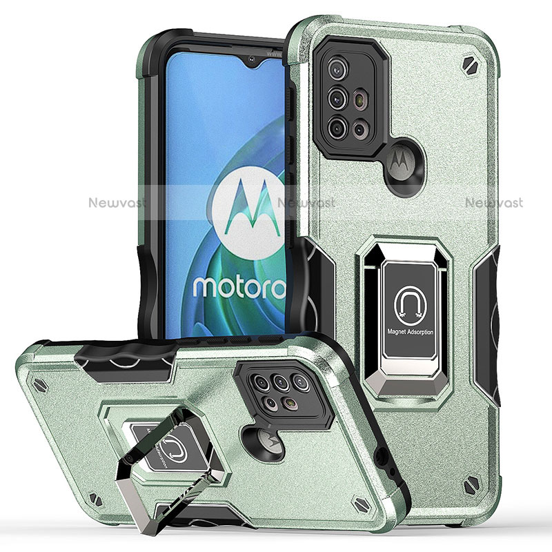 Silicone Matte Finish and Plastic Back Cover Case with Magnetic Finger Ring Stand S05 for Motorola Moto G10 Green