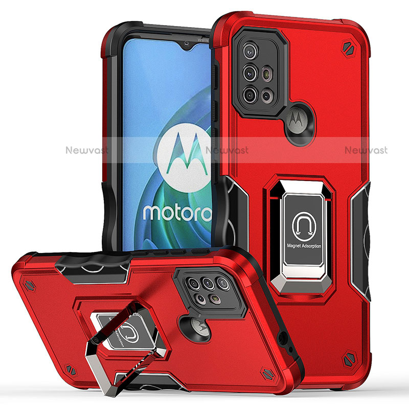 Silicone Matte Finish and Plastic Back Cover Case with Magnetic Finger Ring Stand S05 for Motorola Moto G10 Power Red