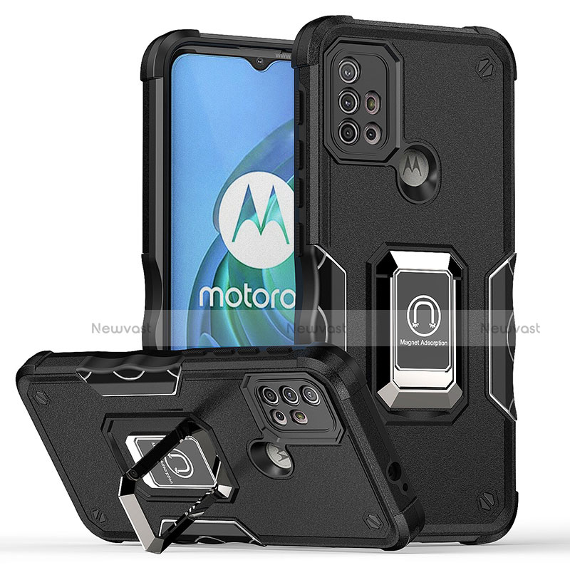 Silicone Matte Finish and Plastic Back Cover Case with Magnetic Finger Ring Stand S05 for Motorola Moto G20