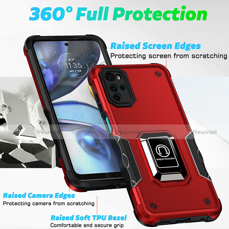 Silicone Matte Finish and Plastic Back Cover Case with Magnetic Finger Ring Stand S05 for Motorola Moto G22
