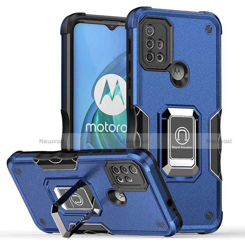 Silicone Matte Finish and Plastic Back Cover Case with Magnetic Finger Ring Stand S05 for Motorola Moto G30 Blue