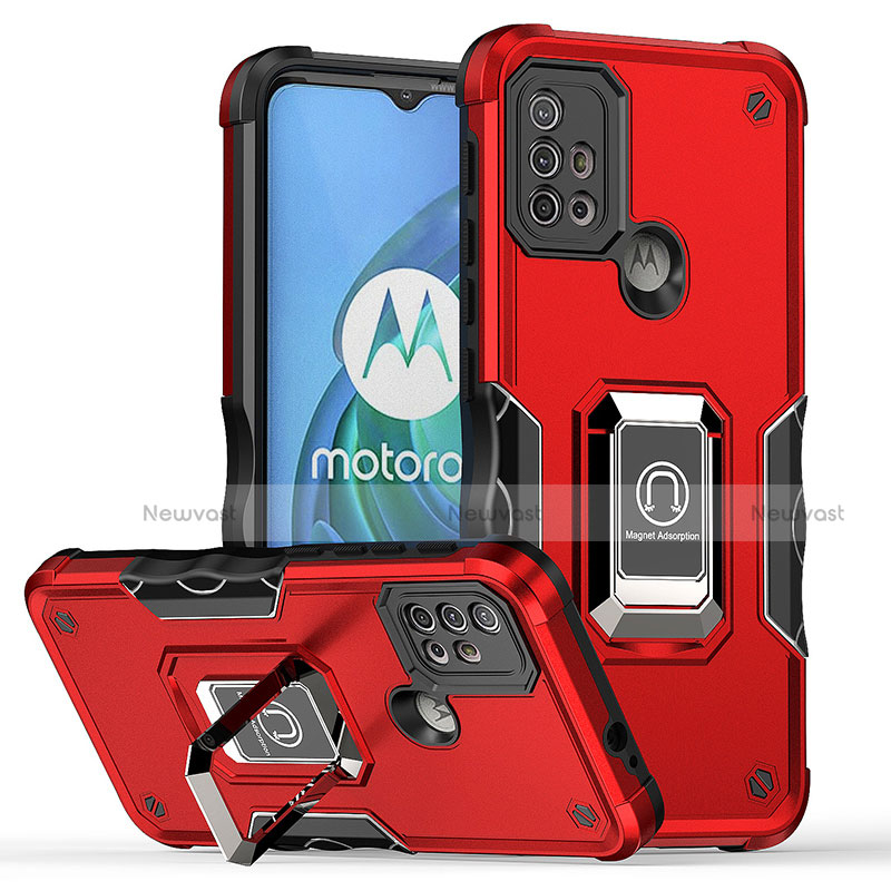 Silicone Matte Finish and Plastic Back Cover Case with Magnetic Finger Ring Stand S05 for Motorola Moto G30 Red