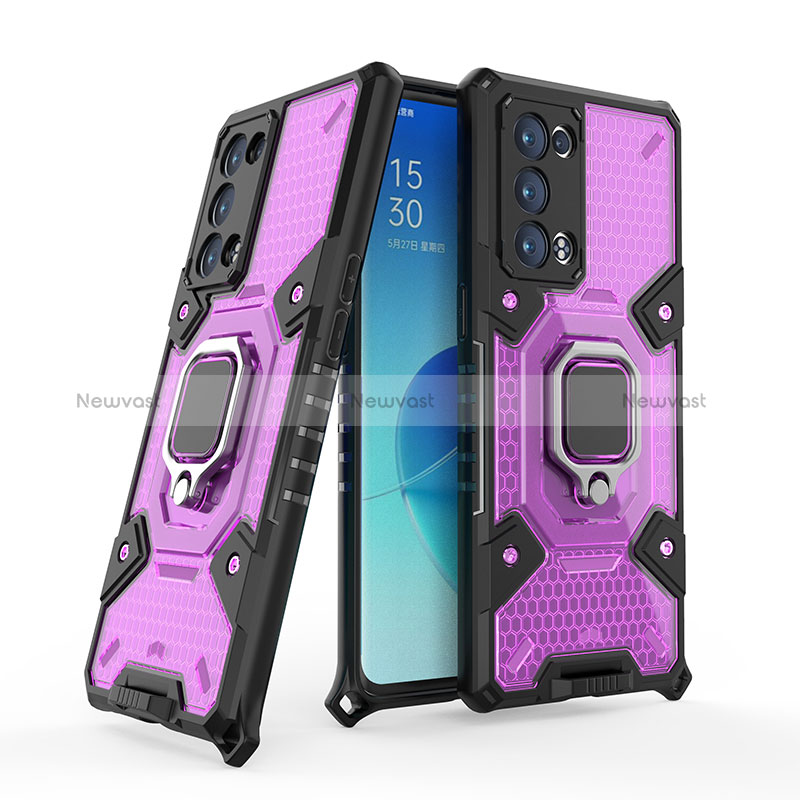 Silicone Matte Finish and Plastic Back Cover Case with Magnetic Finger Ring Stand S05 for Oppo Reno6 Pro+ Plus 5G Purple