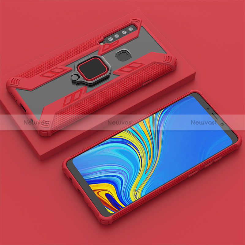 Silicone Matte Finish and Plastic Back Cover Case with Magnetic Finger Ring Stand S05 for Samsung Galaxy A9 Star Pro Red