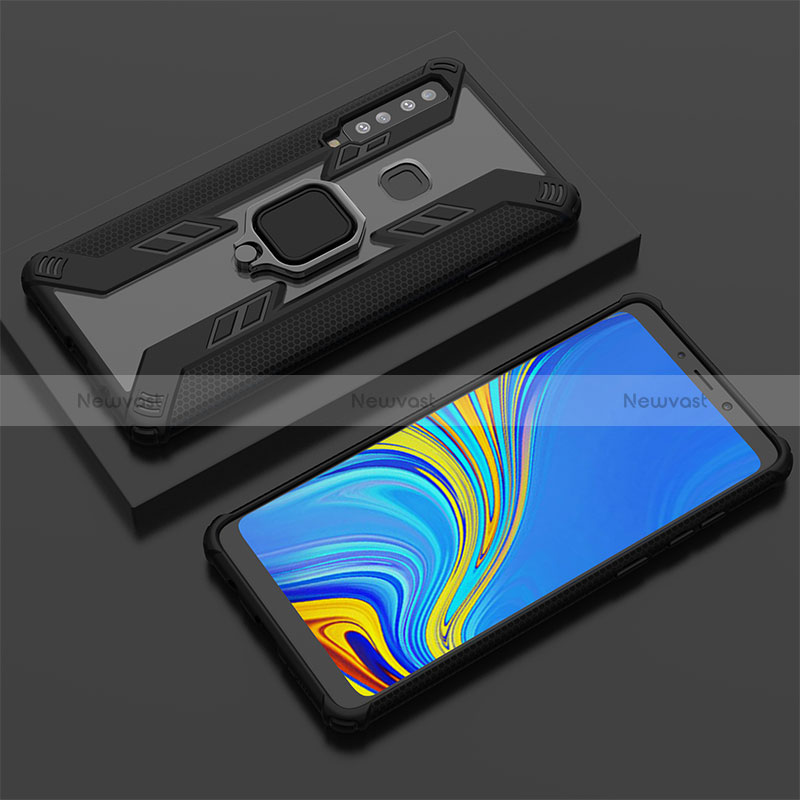 Silicone Matte Finish and Plastic Back Cover Case with Magnetic Finger Ring Stand S05 for Samsung Galaxy A9s Black