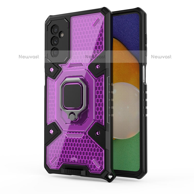Silicone Matte Finish and Plastic Back Cover Case with Magnetic Finger Ring Stand S05 for Samsung Galaxy M52 5G Purple