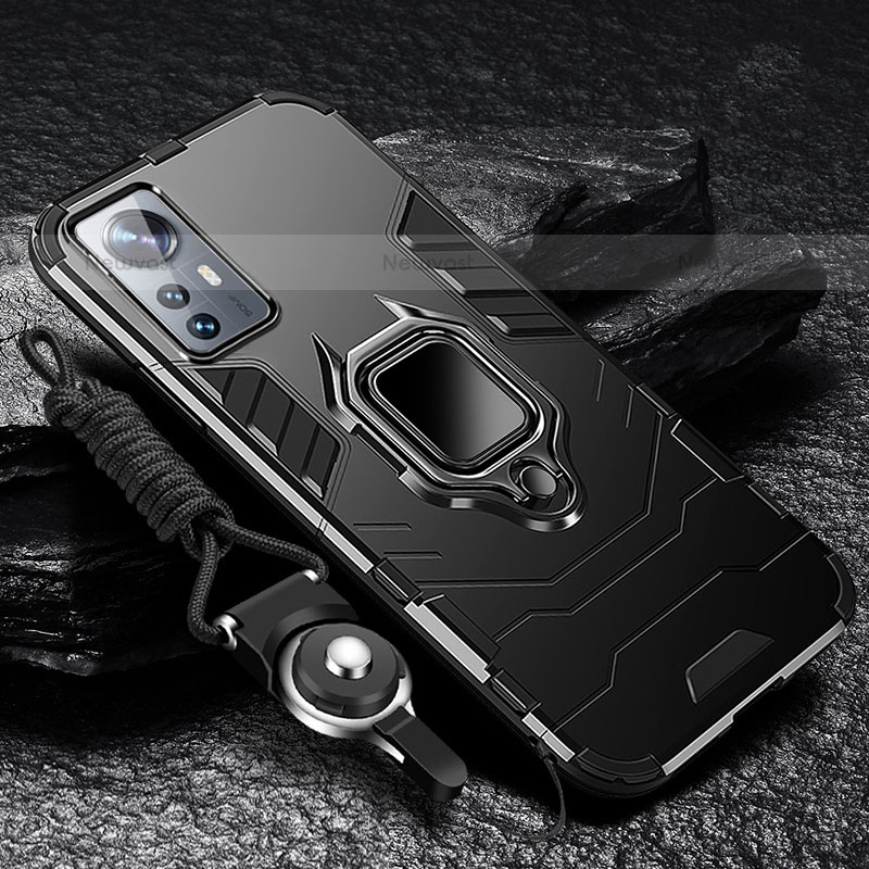 Silicone Matte Finish and Plastic Back Cover Case with Magnetic Finger Ring Stand S05 for Xiaomi Mi 12 Pro 5G Black
