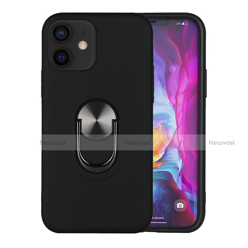 Silicone Matte Finish and Plastic Back Cover Case with Magnetic Finger Ring Stand S06 for Apple iPhone 12 Black