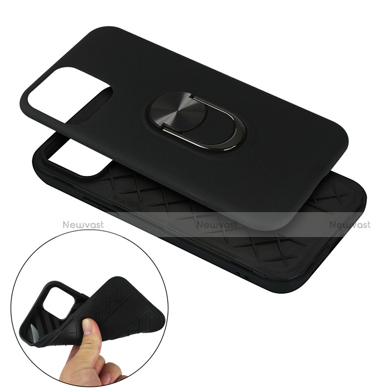 Silicone Matte Finish and Plastic Back Cover Case with Magnetic Finger Ring Stand S06 for Apple iPhone 12 Mini