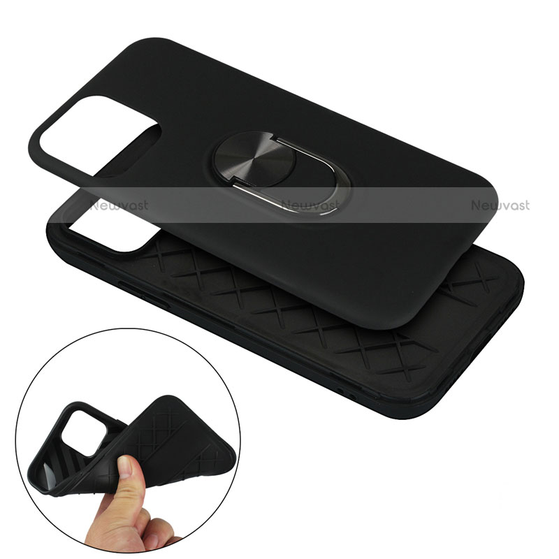 Silicone Matte Finish and Plastic Back Cover Case with Magnetic Finger Ring Stand S06 for Apple iPhone 12 Pro