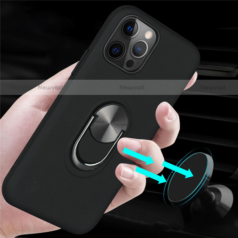 Silicone Matte Finish and Plastic Back Cover Case with Magnetic Finger Ring Stand S06 for Apple iPhone 12 Pro