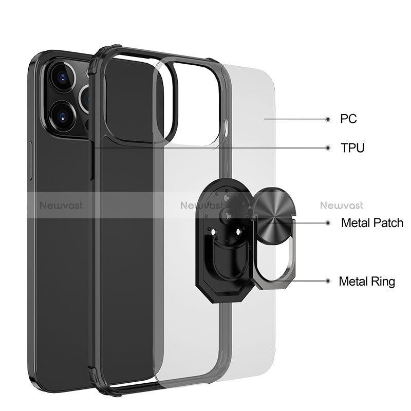 Silicone Matte Finish and Plastic Back Cover Case with Magnetic Finger Ring Stand S06 for Apple iPhone 14 Pro