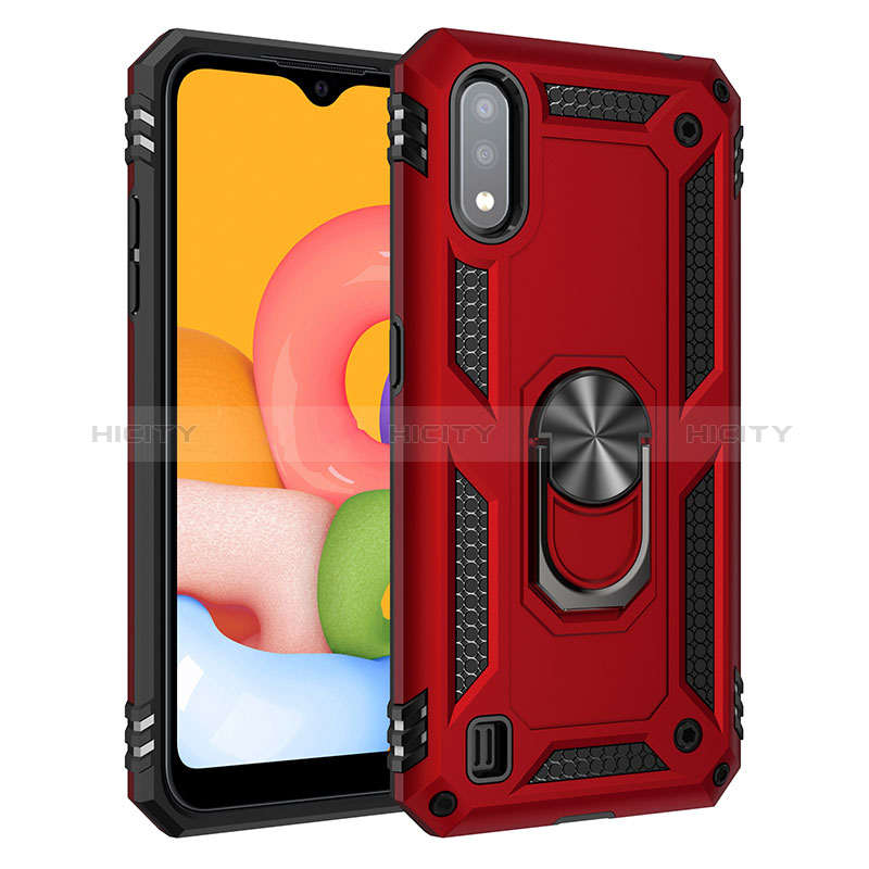 Silicone Matte Finish and Plastic Back Cover Case with Magnetic Finger Ring Stand S06 for Samsung Galaxy A01 SM-A015 Red