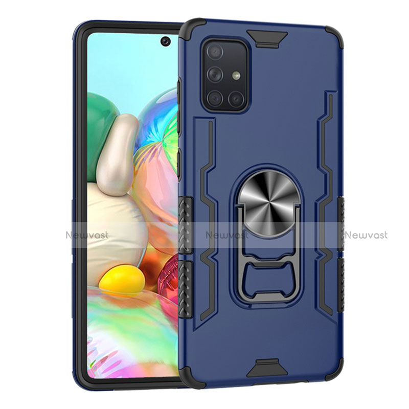 Silicone Matte Finish and Plastic Back Cover Case with Magnetic Finger Ring Stand S06 for Samsung Galaxy A71 5G Blue