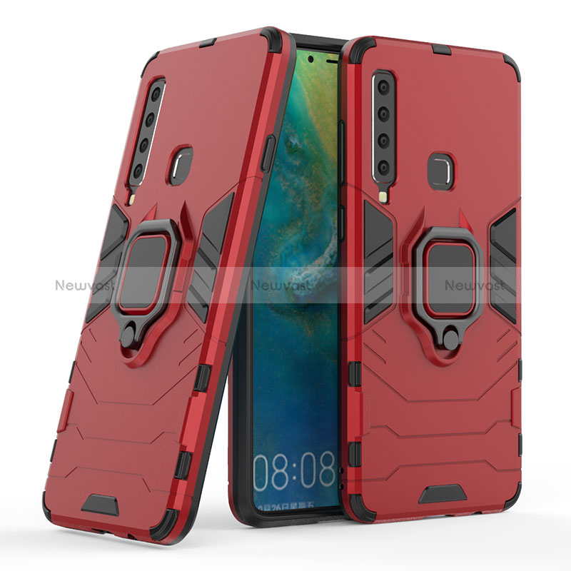 Silicone Matte Finish and Plastic Back Cover Case with Magnetic Finger Ring Stand S06 for Samsung Galaxy A9 (2018) A920 Red