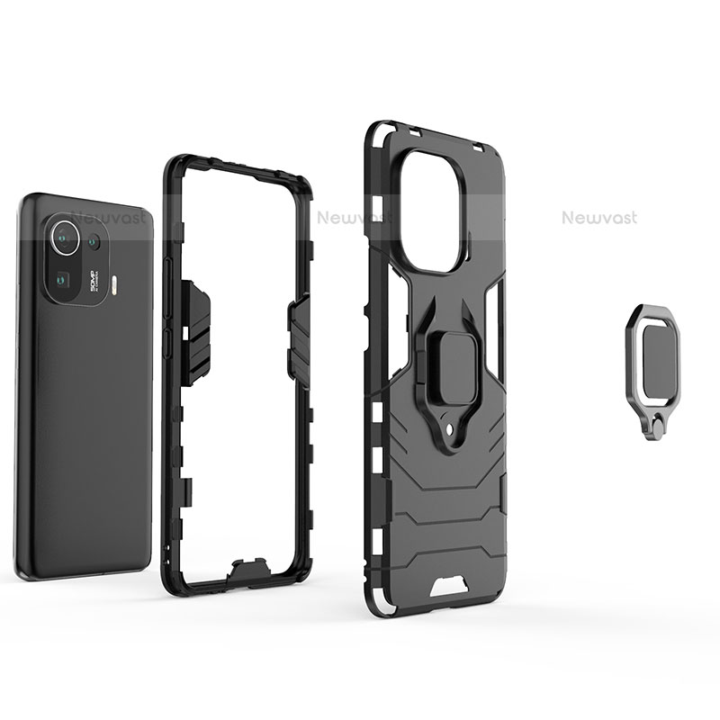 Silicone Matte Finish and Plastic Back Cover Case with Magnetic Finger Ring Stand S06 for Xiaomi Mi 11 Pro 5G
