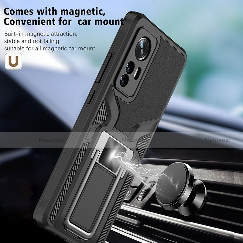 Silicone Matte Finish and Plastic Back Cover Case with Magnetic Finger Ring Stand S06 for Xiaomi Mi 12 5G
